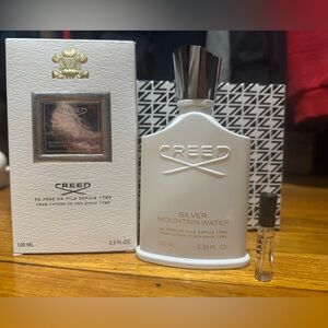 Creed Silver Mountain Water Fragrance empty bottle and aventus tester